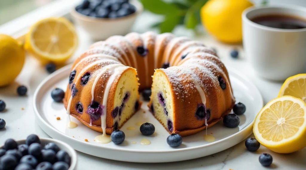 A freshly baked Lemon Blueberry Coffee Cake with a golden brown crust, bursting with blueberries, and drizzled with a sweet lemon glaze. A slice is cut out, revealing its moist and fluffy texture.

