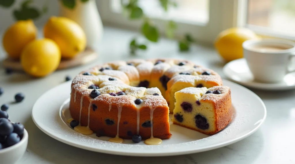 A freshly baked Lemon Blueberry Coffee Cake with a golden brown crust, bursting with blueberries, and drizzled with a sweet lemon glaze. A slice is cut out, revealing its moist and fluffy texture.