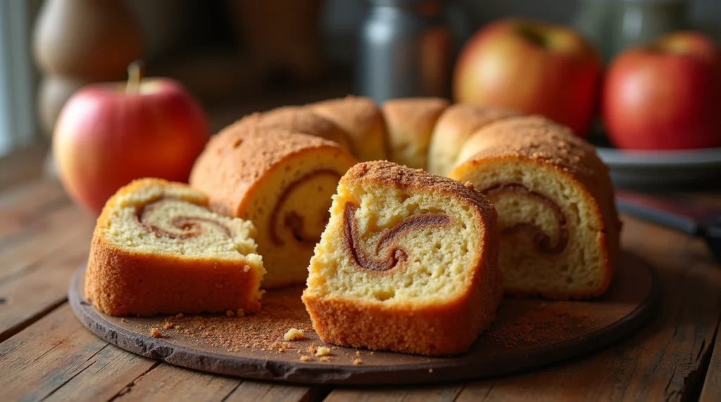 A freshly baked applesauce coffee cake with a golden brown crumb topping, served on a rustic plate.