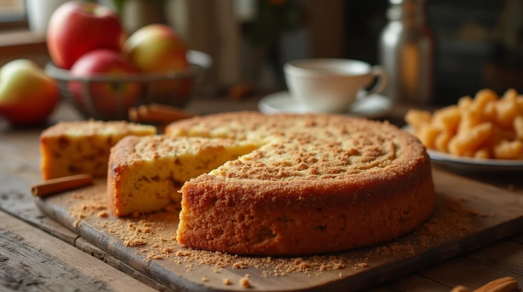 A freshly baked applesauce coffee cake with a golden brown crumb topping, served on a rustic plate.