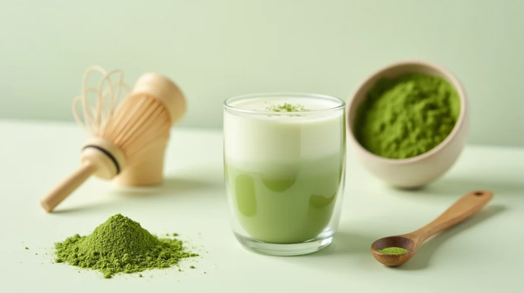 A creamy Starbucks matcha latte in a cup, topped with frothy milk and a vibrant green hue.