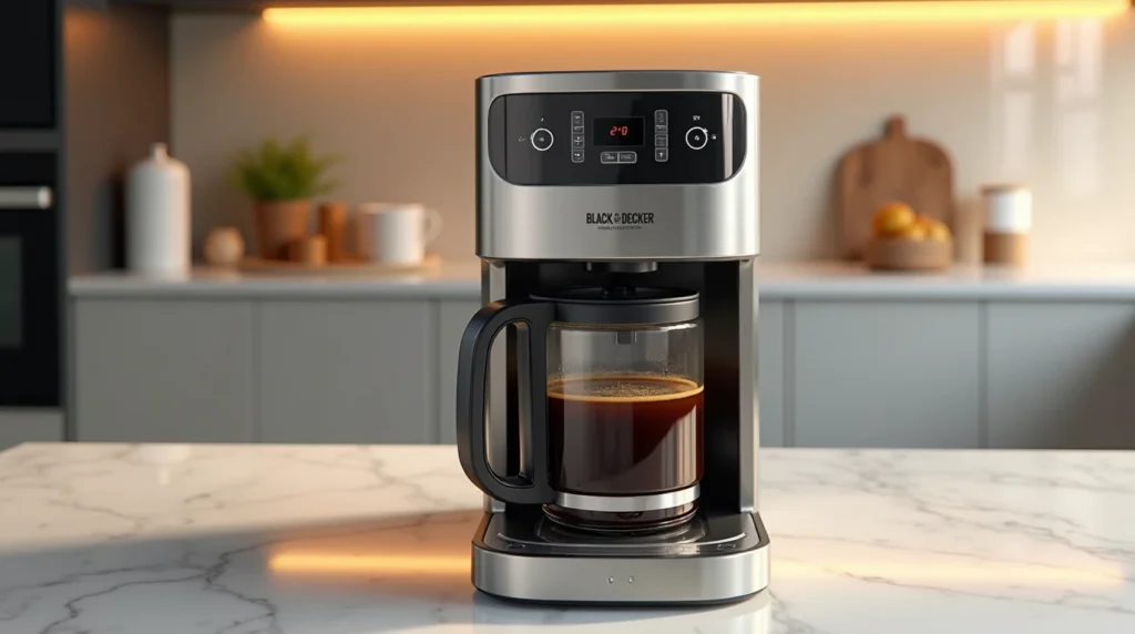 Black and Decker Coffee Maker brewing fresh coffee on a kitchen countertop.