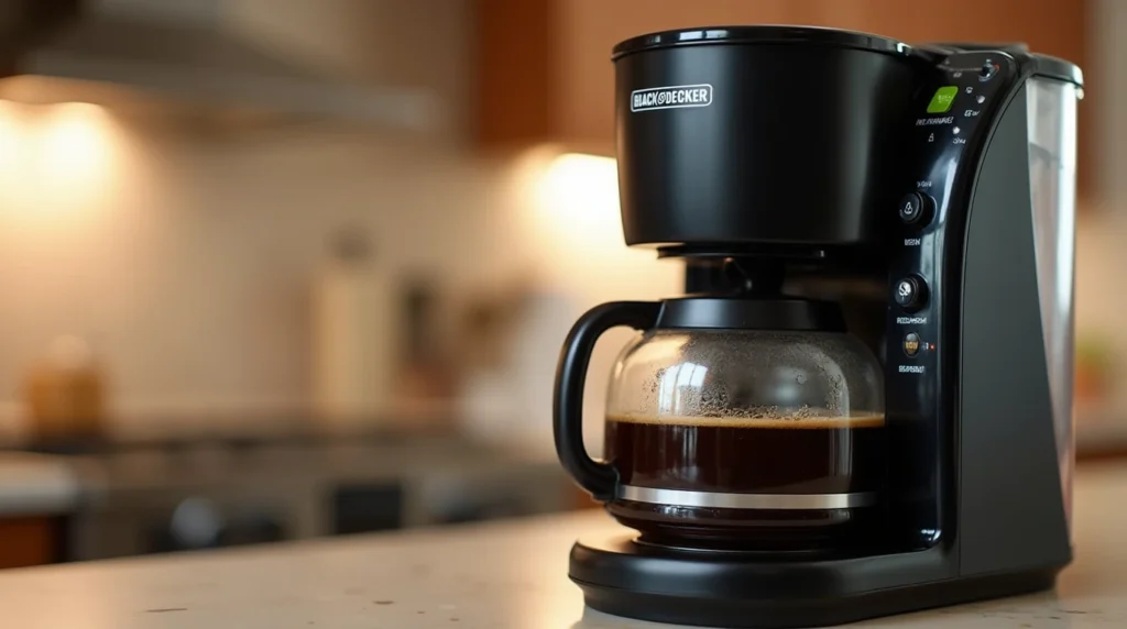 Black and Decker Coffee Maker brewing fresh coffee on a kitchen countertop.