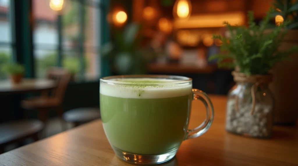 A creamy Starbucks matcha latte in a cup, topped with frothy milk and a vibrant green hue.