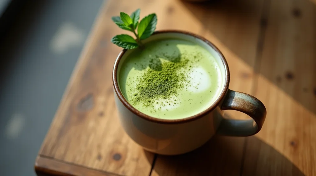 A creamy Starbucks matcha latte in a cup, topped with frothy milk and a vibrant green hue.