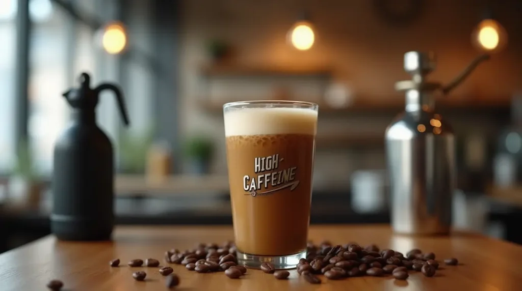 Chilled glass of nitro coffee with creamy foam and nitrogen bubbles, illustrating the high caffeine in nitro coffee.