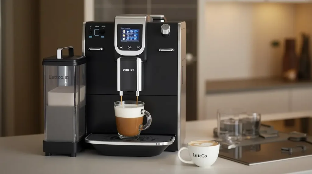 Sleek Philips 5400 fully automatic coffee machine brewing espresso in a modern kitchen