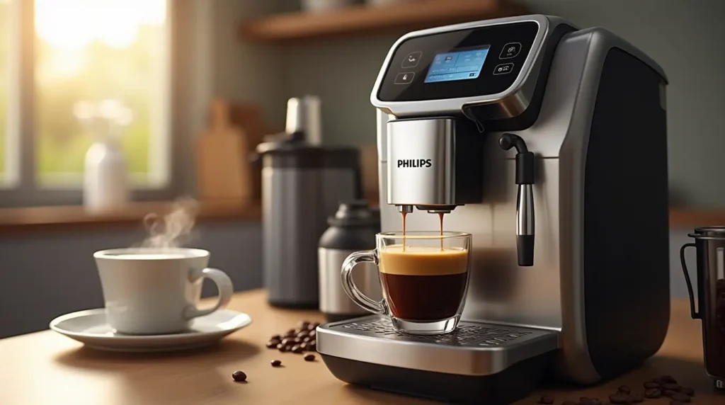 Sleek Philips 5400 fully automatic coffee machine brewing espresso in a modern kitchen