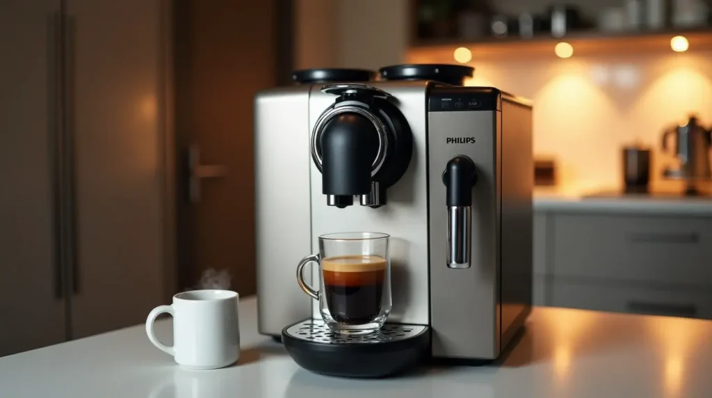 Sleek Philips 5400 fully automatic coffee machine brewing espresso in a modern kitchen.