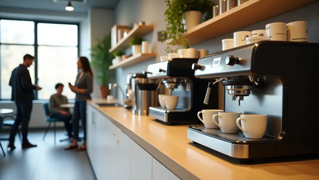 Office coffee service setup with employees enjoying fresh coffee from a sleek machine in a professional workplace.