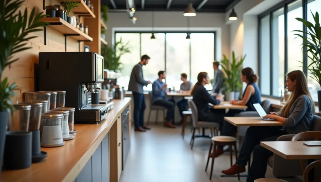 Office coffee service setup with employees enjoying fresh coffee from a sleek machine in a professional workplace.