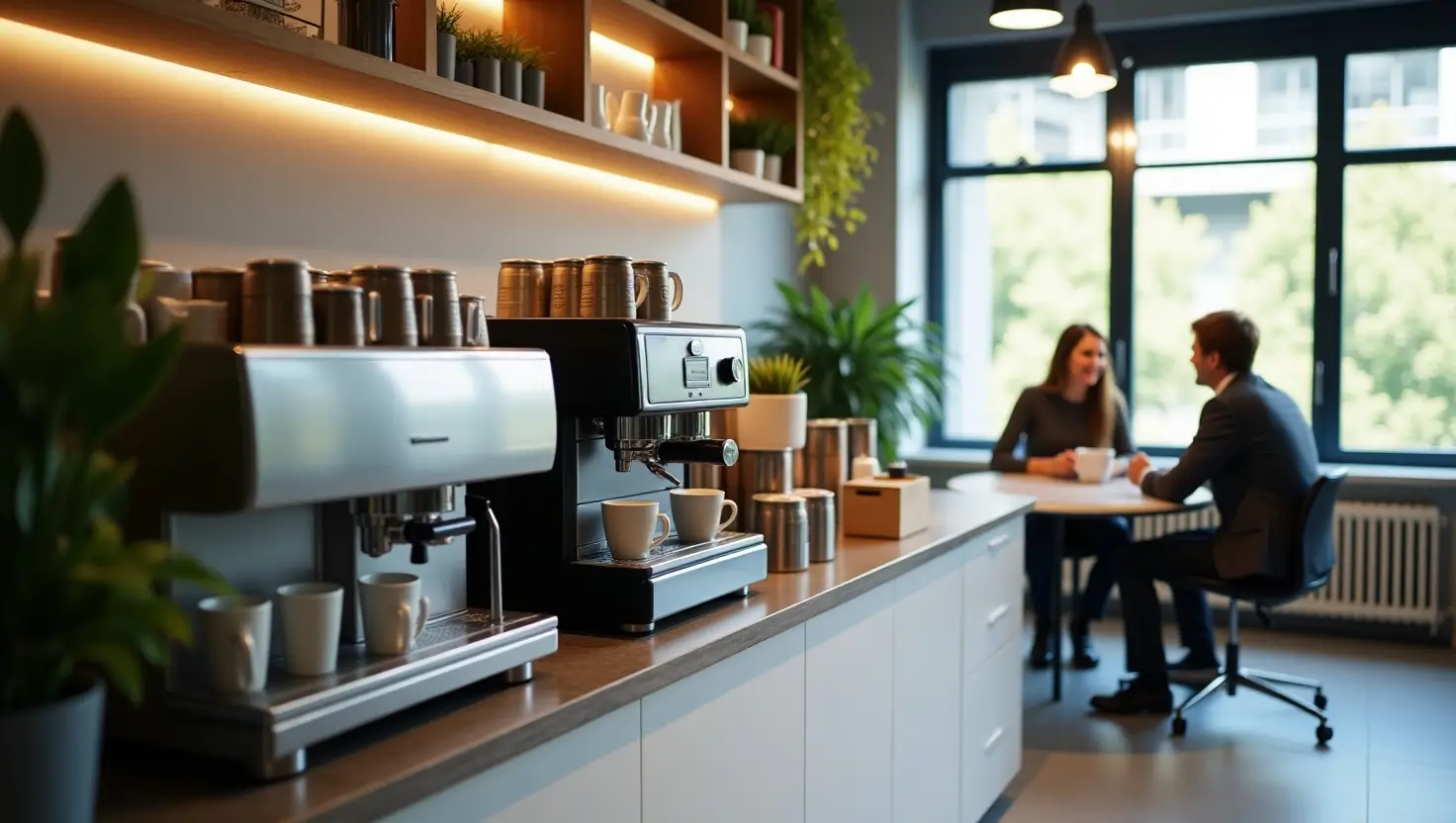 Office coffee service setup with employees enjoying fresh coffee from a sleek machine in a professional workplace