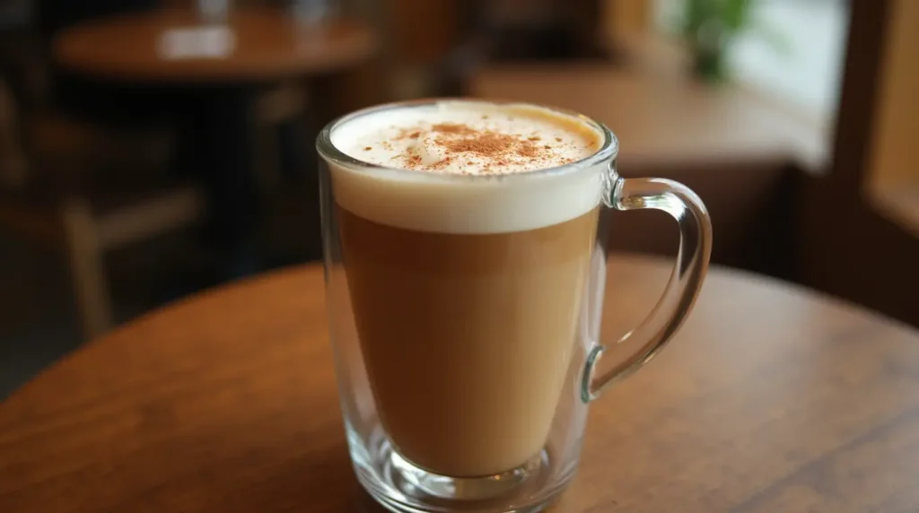 A creamy and rich breve latte in a clear glass cup with a smooth layer of steamed half-and-half and a delicate foam top.