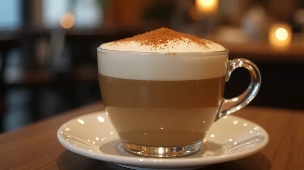 A creamy and rich breve latte in a clear glass cup with a smooth layer of steamed half-and-half and a delicate foam top.