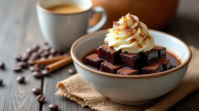 Delicious coffee jelly cubes topped with whipped cream, caramel syrup, and cocoa powder in a modern café setting.