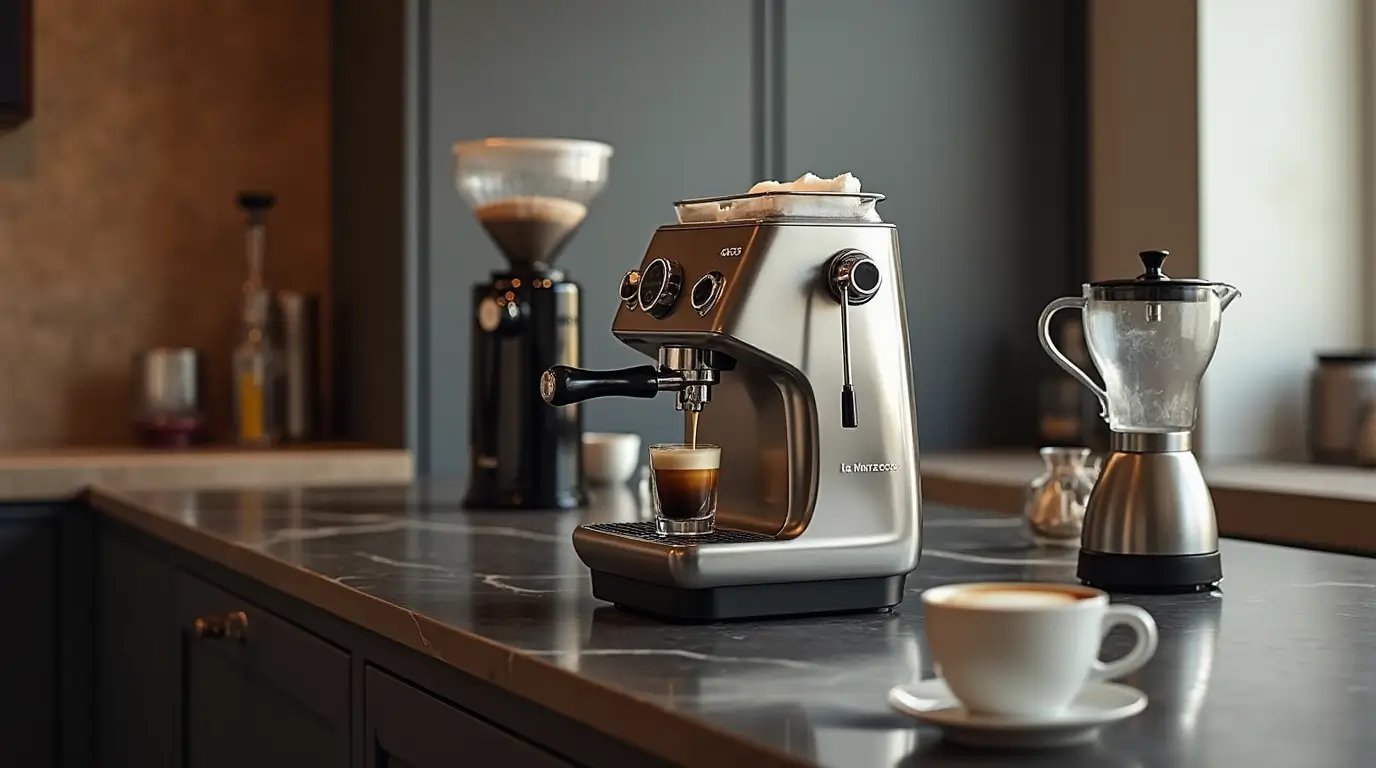 Close-up of a La Marzocco espresso machine in a modern kitchen, showcasing a fresh espresso shot and steamed milk.