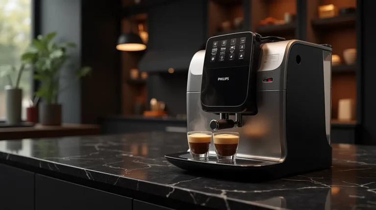 Philips Coffee Machine 5400 brewing cappuccino on a luxurious kitchen countertop