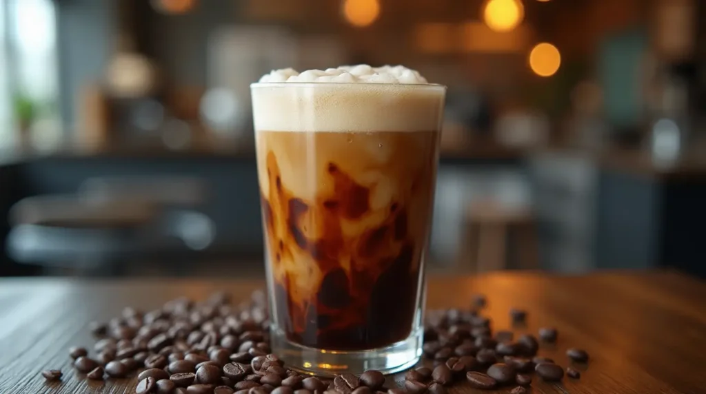Chilled glass of nitro coffee with creamy foam and nitrogen bubbles, illustrating the high caffeine in nitro coffee.