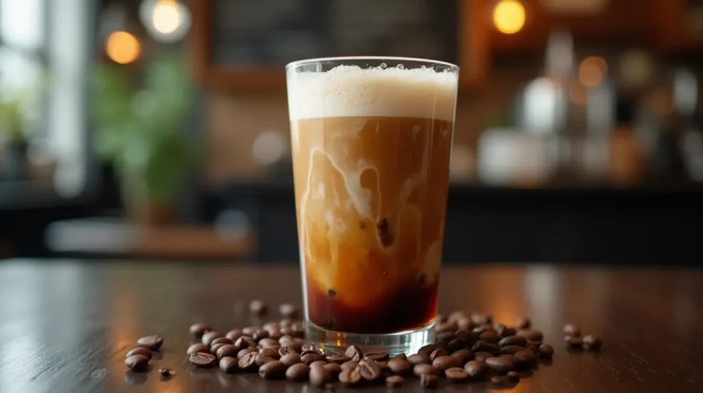 Glass of nitro coffee with creamy foam and visible nitrogen bubbles, placed on a wooden table with coffee beans