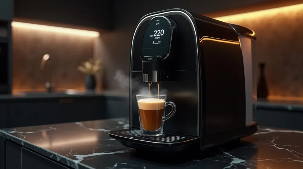 Philips 5400 coffee machine brewing cappuccino on a luxurious kitchen countertop.