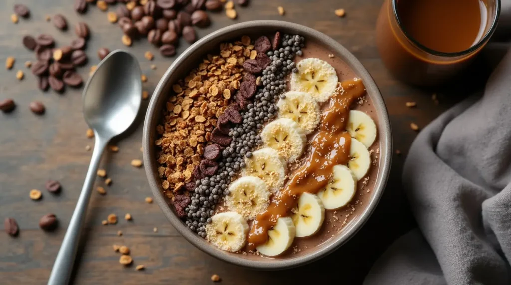 Coffee Smoothie Bowl with Granola, Banana & Chia Seeds

