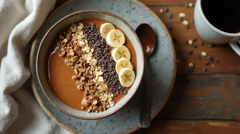 Top-down view of a thick coffee smoothie bowl topped with granola, banana slices, chia seeds, and cacao nibs

