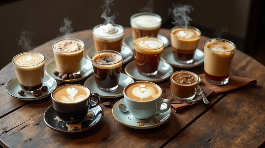 Flat lay of various types of coffee drinks including cappuccino, latte, cold brew, and international coffee variations arranged on a wooden table.

