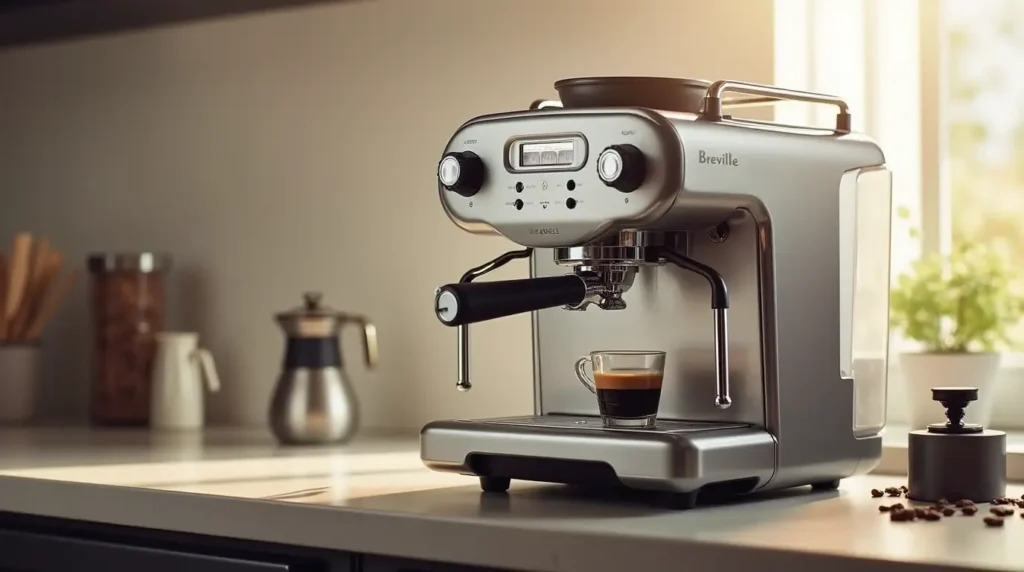Breville Barista Pro espresso machine with stainless steel finish on kitchen counter brewing espresso