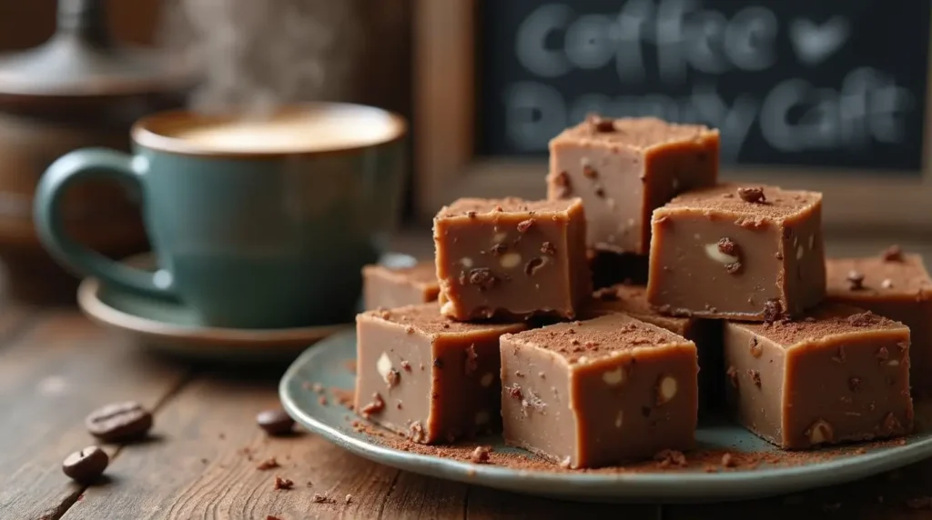 Delicious squares of coffee shop fudge with espresso powder and coffee beans on a rustic wooden board.

