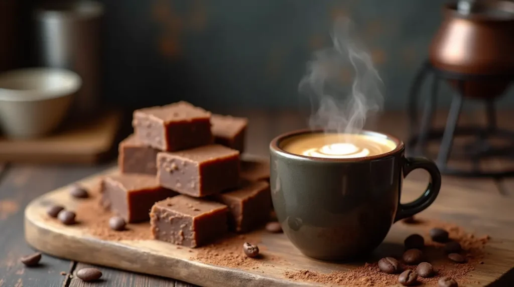 Delicious squares of coffee shop fudge with espresso powder and coffee beans on a rustic wooden board.

