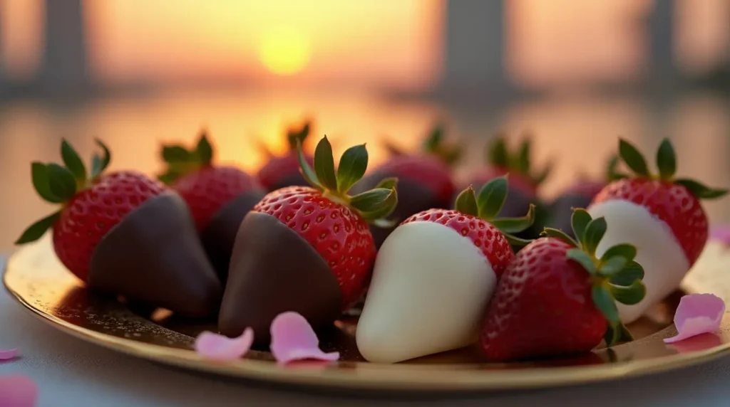 Romantic Dubai chocolate strawberries on a glass platter surrounded by candles and rose petals.