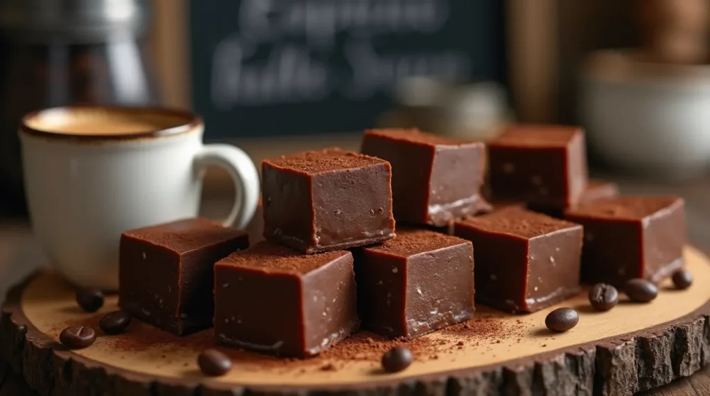 Delicious squares of coffee shop fudge with espresso powder and coffee beans on a rustic wooden board.

