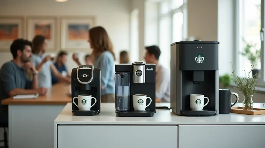 Modern office break room with a Starbucks coffee machine and employees enjoying drinks

