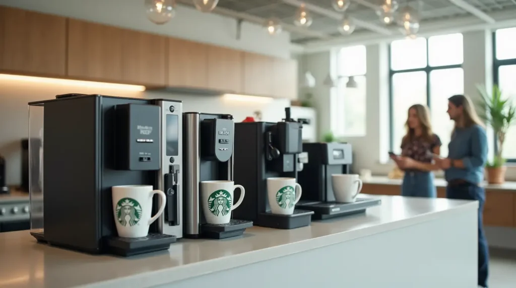 Starbucks coffee machines for office in a modern break room with employees enjoying coffee