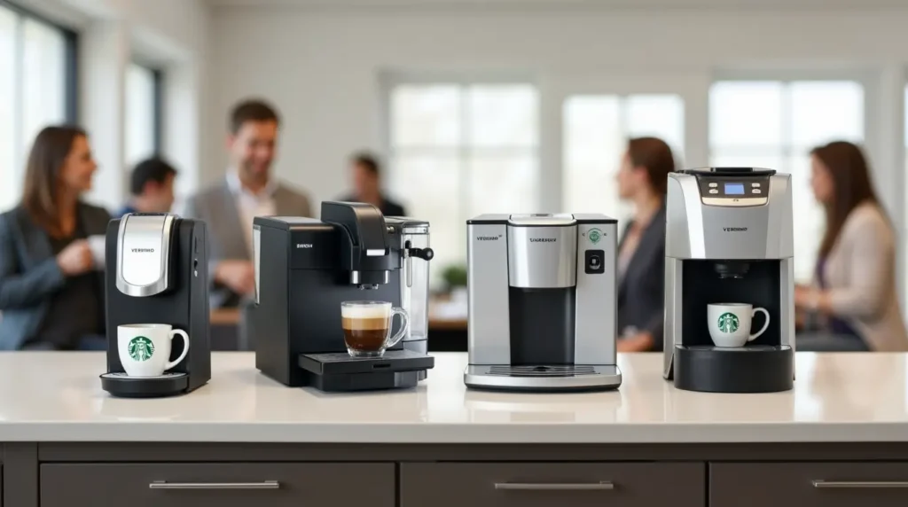 Modern office break room with a Starbucks coffee machine and employees enjoying drinks

