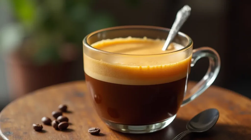 Vietnamese Egg Coffee in a clear glass cup showing rich dark coffee topped with creamy golden egg foam on a wooden table

