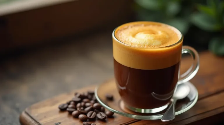 Vietnamese Egg Coffee in a clear glass cup showing rich dark coffee topped with creamy golden egg foam on a wooden table