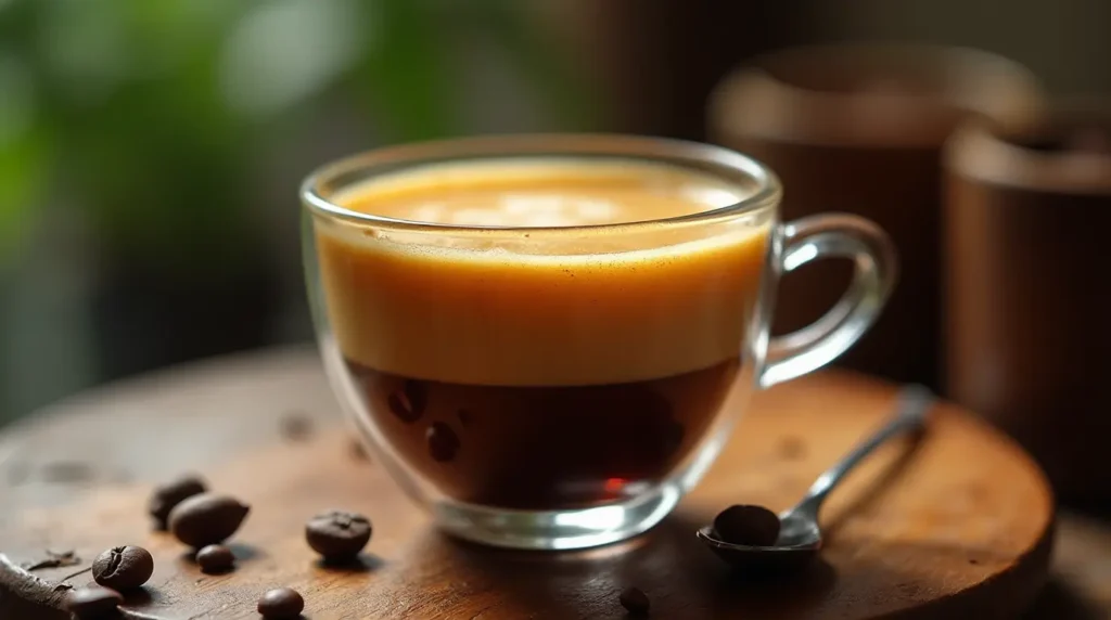 Vietnamese Egg Coffee in a clear glass cup showing rich dark coffee topped with creamy golden egg foam on a wooden table

